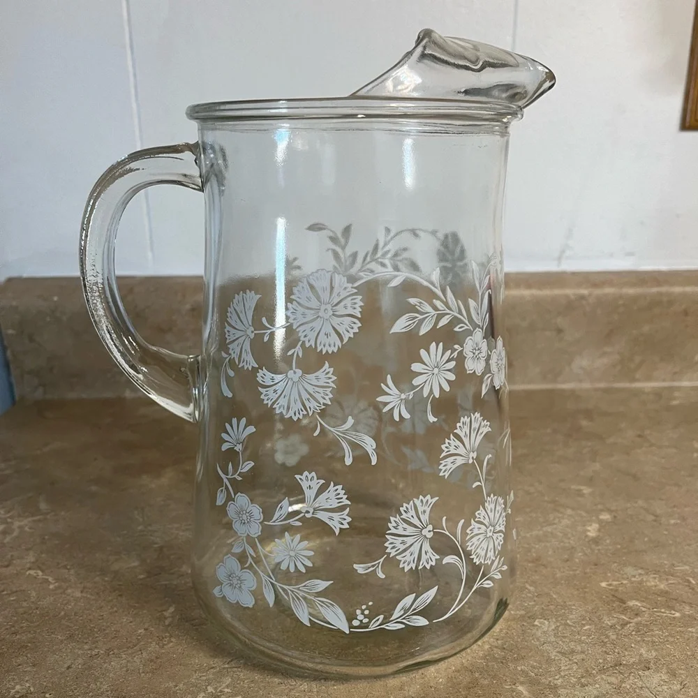 Vintage Clear Glass Pitcher with White Floral Etching